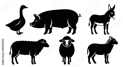 Farm Animals Silhouettes Set: Goose, Pig, Donkey, and Sheep Icons on White Background