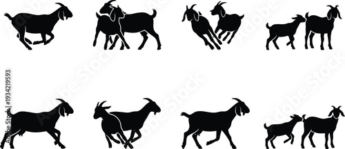Set of 8 Black Goat Silhouettes Vector