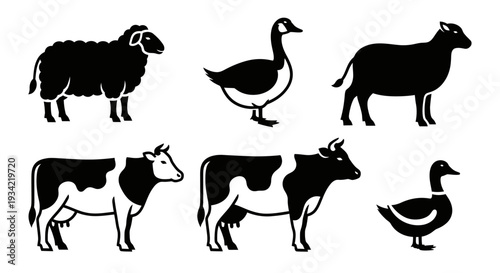 Farm Animals Silhouettes Vector Icons Set: Sheep, Cows, and Geese
