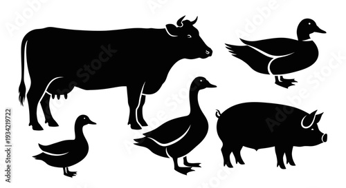Farm Animals Silhouettes Vector Set: Cow, Pig, and Ducks