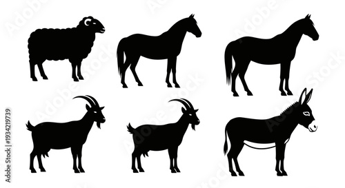 Farm Animals Silhouettes Vector Set: Sheep, Horse, Goat, and Donkey Icons