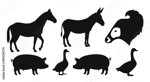 Farm Animals Silhouettes Vector Set. Horse, Donkey, Pig, Geese Black Icons Collection