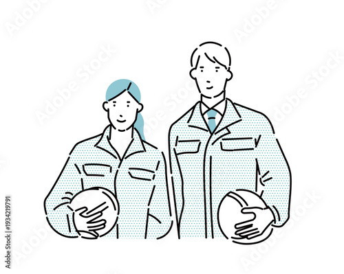 ヘルメットを持つビジネスパーソンー作業服の男女二人ー上半身ーベクターイラスト素材