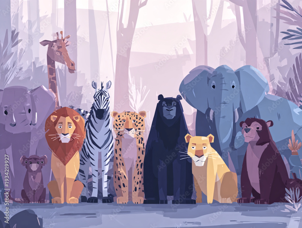 Obraz premium Wild Animals Gathering Tiger Lion Elephant Leopard and More in Serene Forest Scene