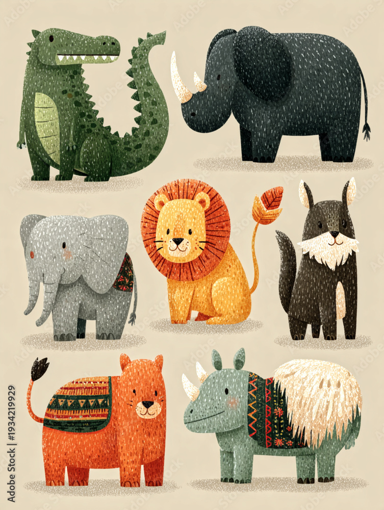 Fototapeta premium Whimsical Wild Animals Parade Featuring Tiger Lion Elephant and More in a Playful Setting for Kids Art and Learning