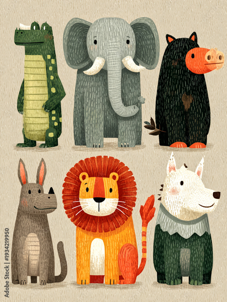 Obraz premium Wild Animals Playful Elephant Lion and Bear in Cartoon Style Colorful Environment Artistic Viewpoint Family Concept