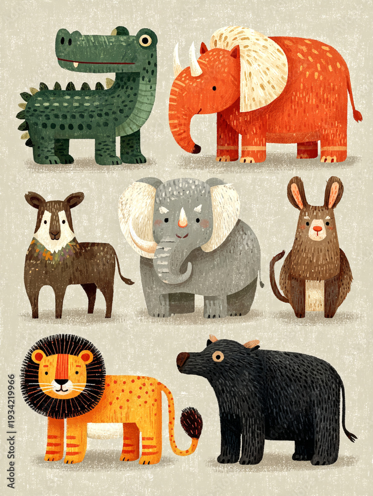 Fototapeta premium Wild Animals Gathering Exotic Safari Creatures Including Tiger Lion Elephant and More in a Vibrant Jungle Setting