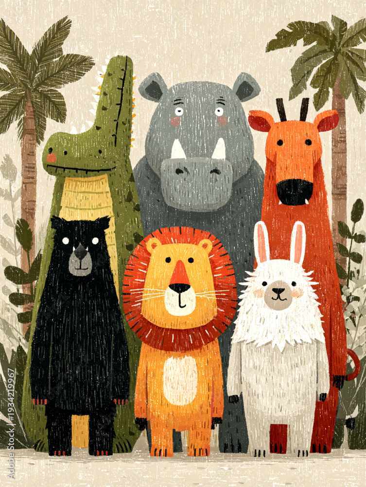 Fototapeta premium Wild Animals Gathering Tiger Lion Elephant and More in a Jungle Setting Illustrative Artwork Vibrant and Playful Environment