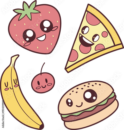 Cartoon food items with smiling faces