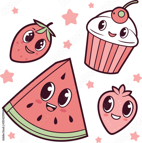 Cartoon fruit and cupcake with happy faces
