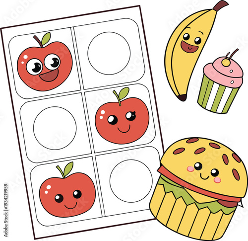 A cartoon drawing of food items and a sheet of stickers