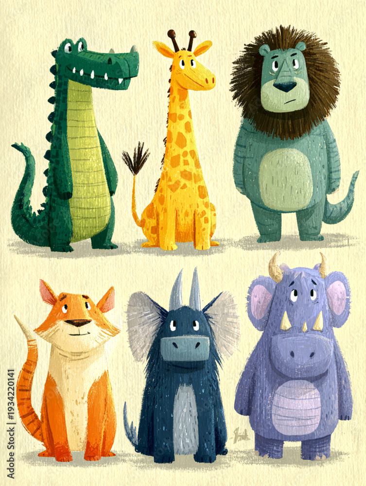 Naklejka premium Adventure of Wild Animals Giraffe Lion and Crocodile in a Vibrant Cartoon Jungle Scene