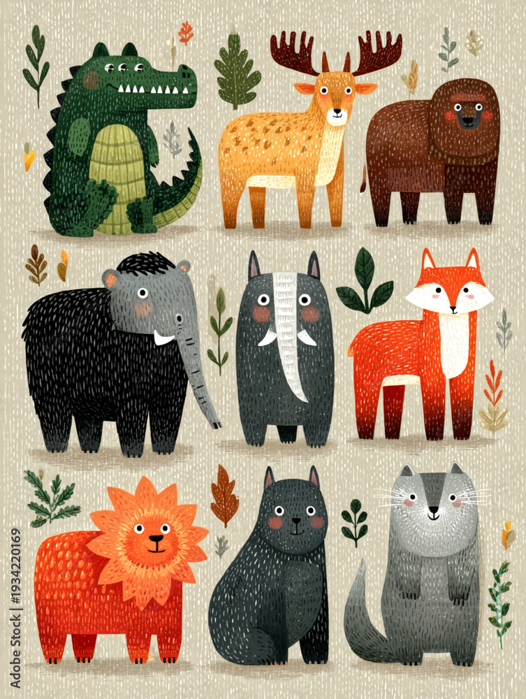 Fototapeta premium Wild Animals Gathering Tiger Lion Elephant Leopard and More in a Playful Forest Setting Whimsical Illustration Vibrant Colors