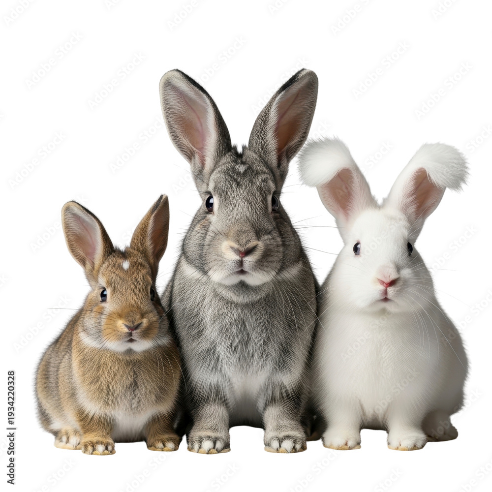 Obraz premium Three cute rabbits on white background