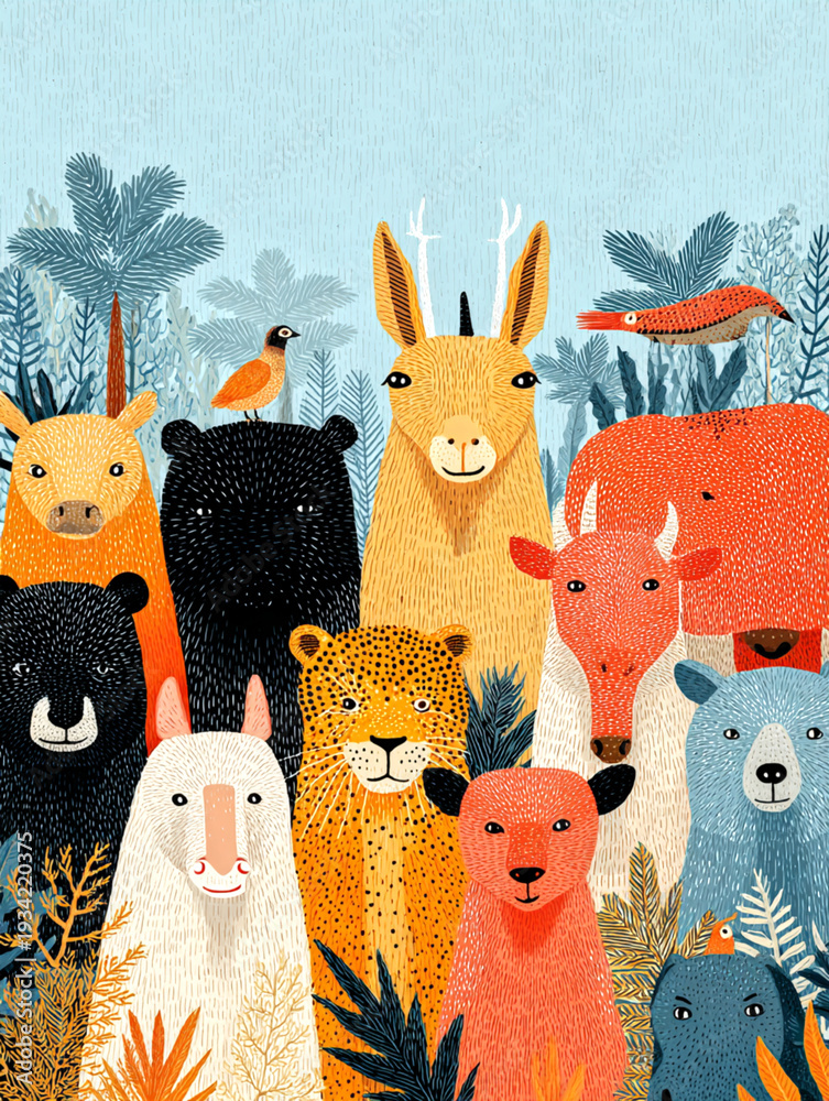 Obraz premium Wild Animals Gathering A Vibrant Jungle Scene with Tiger Lion Elephant Leopard and More Nature Illustration Colorful and Whimsical