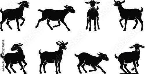 Set of 8 Black Goat Silhouettes Vector
