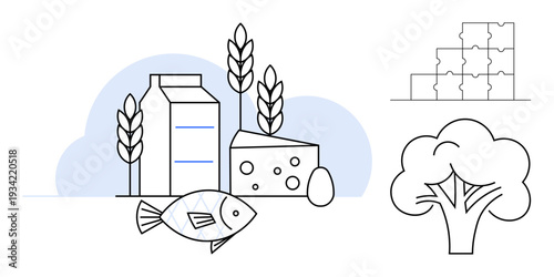 Nutrition concept. Nutrition with milk, cheese, fish, vegetables, and grains for healthy eating. Nutrition promoting balance, food choices and well-being. For diet food education meal planning