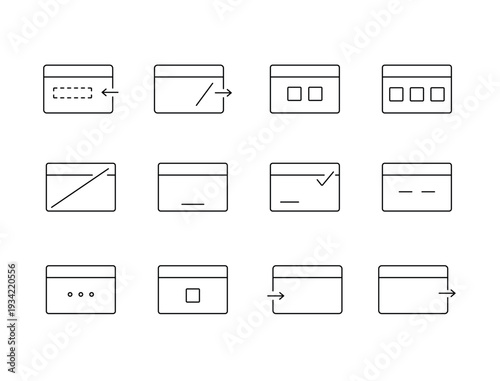 A set of vector icons illustrating various account states and access permissions using minimal card-style elements, including invitation, restriction, created in line style with editable stroke