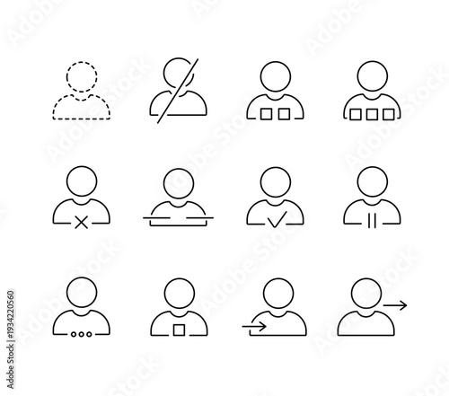 A set of vector icons representing user states and access levels, such as account activity, permissions, invitations, and removals, created in line style with editable stroke