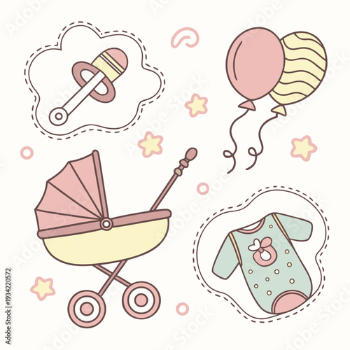 A baby shower clip art with a stroller and balloons