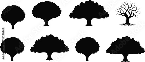 Black tree silhouette collection with leafy deciduous oak and maple shapes and one dead winter tree with bare branches and roots.