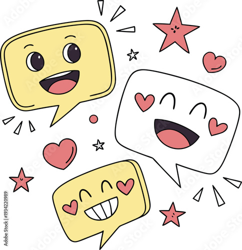 A cute illustration of chat bubbles with happy faces and hearts