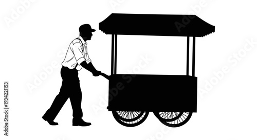 Street vendor pushing a food cart silhouette