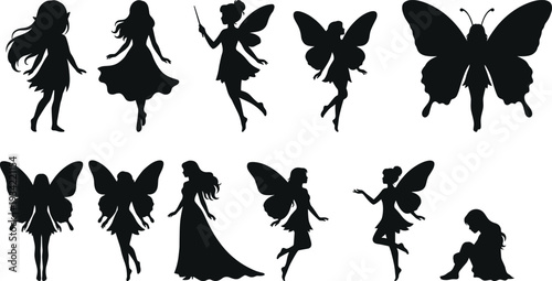 Set of Twelve Fairy and Pixie Silhouettes Including Mythical Beings with Wings Holding Magic Wand for Fantasy and Enchanted World