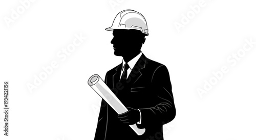 Silhouette of Architect with Blueprint, White Hard Hat