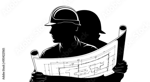 Construction worker with blueprint, silhouette, planning, engineering concept