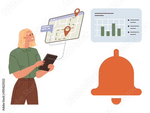 Location tracking, data visualization, notifications, technology integration, user interaction, smart tools. Woman with tablet, map with location pins bar chart notification icon. Location tracking