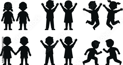 Set of Twelve Children Silhouettes Including Boys and Girls Jumping Running and Holding Hands Representing Childhood Friendship and Active Play