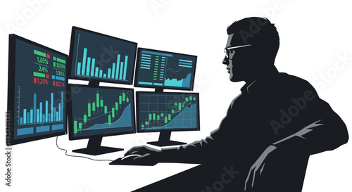 Trader analyzing stock market charts on multiple computer monitors