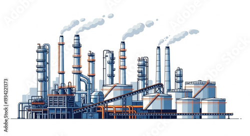 Industrial Factory with Smokestacks and Machinery.