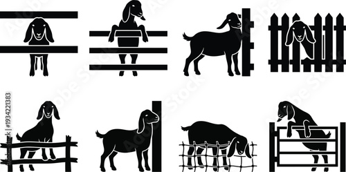 Set of 8 Black Goat Silhouettes with Fences Vector