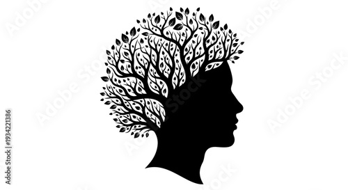 Silhouette Head with Tree Brain and Leaves