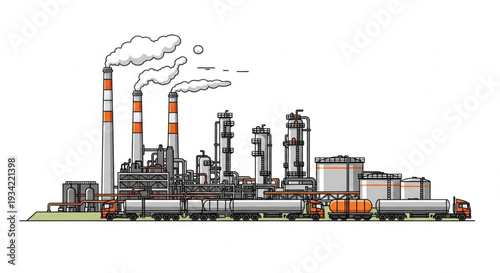 Industrial Factory with Smokestacks and Machinery.