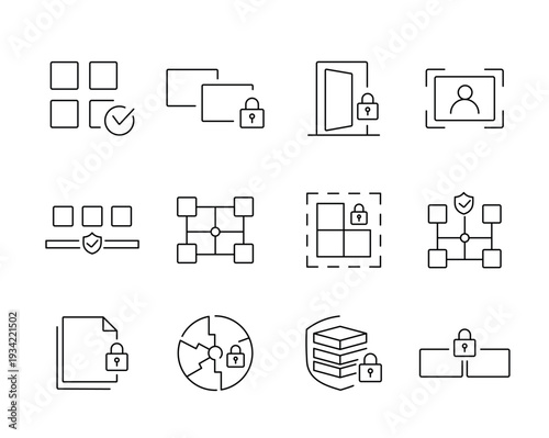 A set of vector icons representing secure systems, privacy management, access control, encrypted data, and trusted infrastructure, created in line style with editable stroke