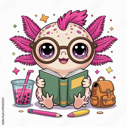 A whimsical axolotl character with large glasses is engrossed in a book.