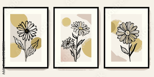 Abstract floral triptych with botanical line art and muted color blocks