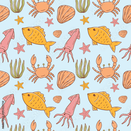 Cute Sea Life adorable fish, squid and crab Seamless Pattern