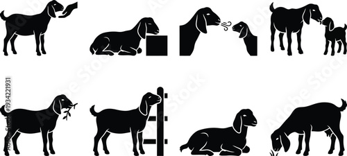Set of 8 Black Goat Silhouettes Vector Icons