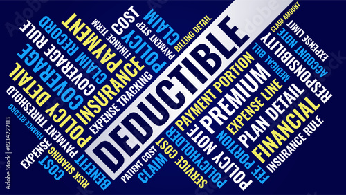 Deductible Word Cloud Design for Insurance Poster, Finance Training Slide. Deductible bold dark blue typography