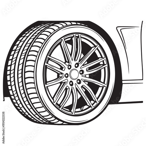 Detailed automotive wheel and tire illustration featuring a multi-spoke alloy rim and deep tread pattern, rendered in a clean black and white line art style for car enthusiasts and design.