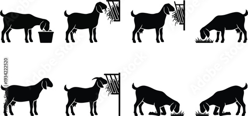 Set of 8 Goat Feeding Silhouettes Vector