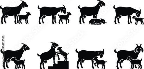 Set of 8 Black Goat and Kid Silhouettes Vector