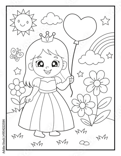 Cute Princess Holding Heart Balloon Coloring Page for Kids. Happy Royal Girl Character in Flower Garden with Rainbow Outline