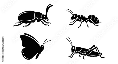 Insect silhouettes set. Beetle, ant, butterfly, and grasshopper vector icons. Nature bug collection.