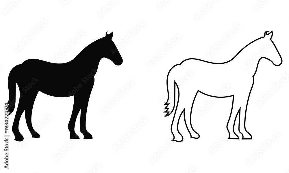 Fototapeta premium Horse Silhouette and Outline Vector . Black silhouette and linear outline horses in side view, ideal for logos, branding, tattoos, and equestrian themed designs in simple minimalistic style.