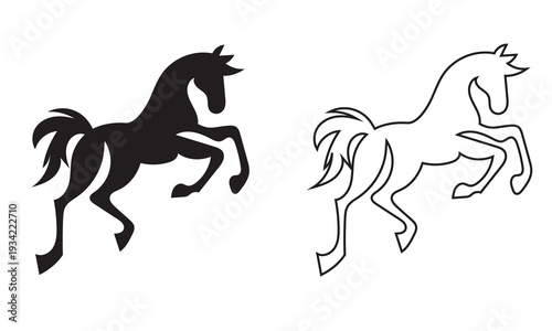 Horse Silhouette and Outline Vector . Black silhouette and linear outline horses in side view, ideal for logos, branding, tattoos, and equestrian themed designs in simple minimalistic style.